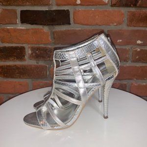 White House Black Market Silver Miami Leather Caged Heels Size 7.5